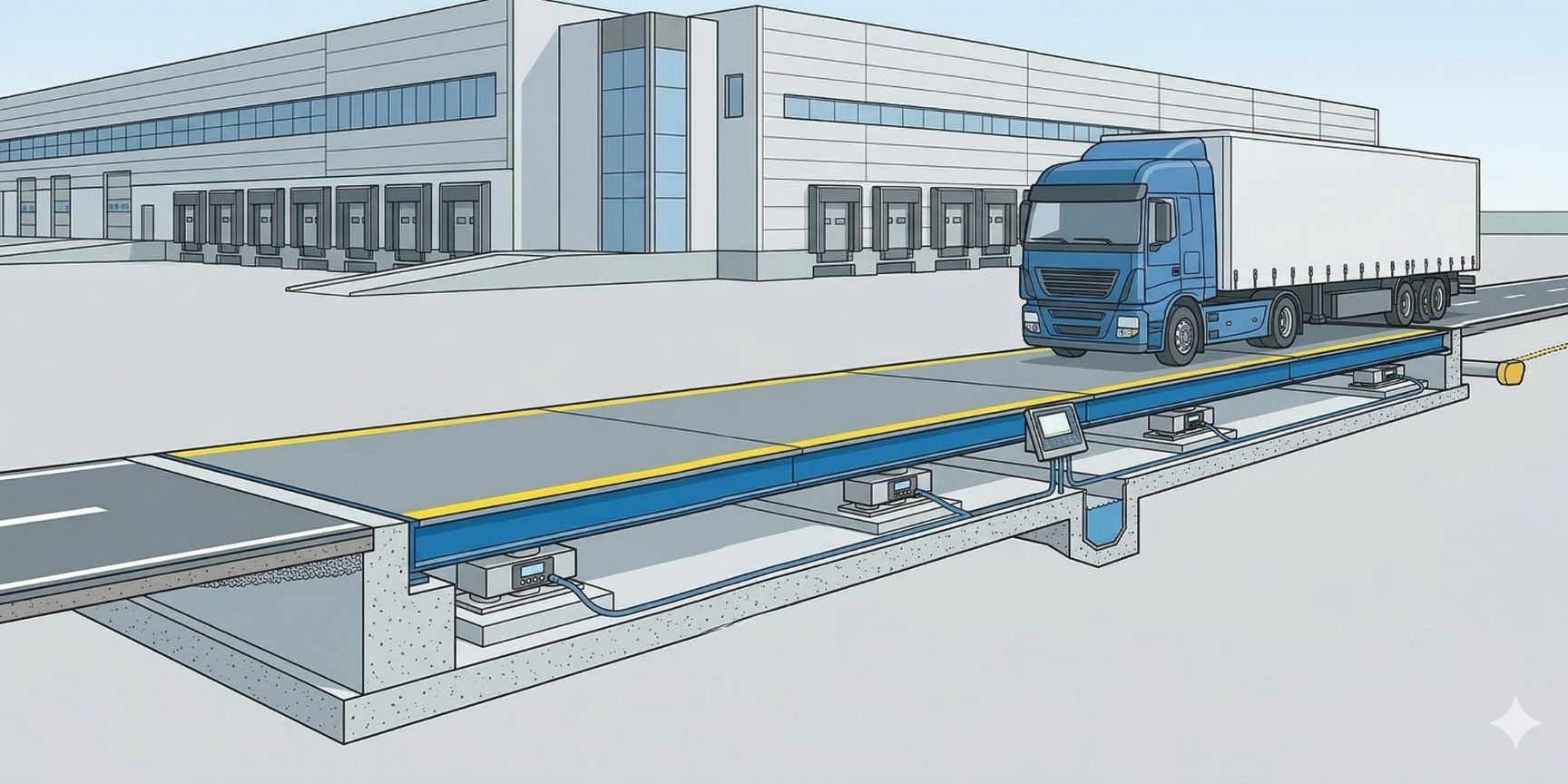 Technische Illustration einer bündig eingebauten LKW-Unterflurwaage in einem Logistikzentrum. Schnitt zeigt Plattform, digitale Wägezellen im Fundament, LKW und Datenverbindung.